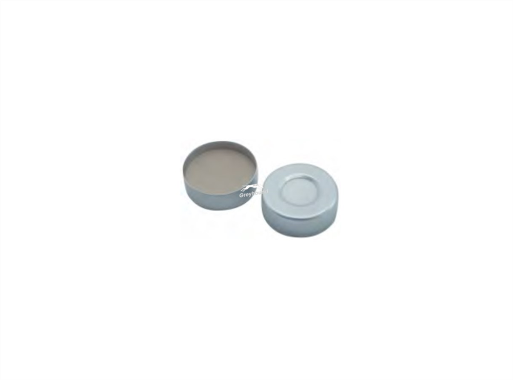 Picture of 20mm Aluminium Crimp Cap (Silver), with Pre-fitted Beige PTFE/White Silicone Septa, 3mm, (Shore A 45)
